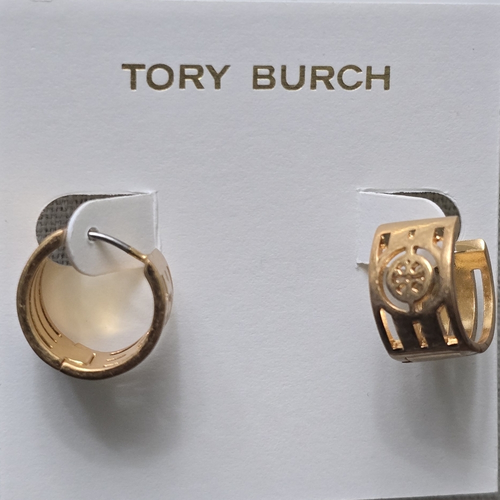 Tory Burch Gold-Tone Logo Hoop Huggies - Picture 1 of 4